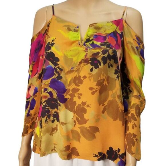 Nicole Miller Atelier Silk Floral Cold Shoulder Deep V Neck Top Size Small - Picture 2 of 6